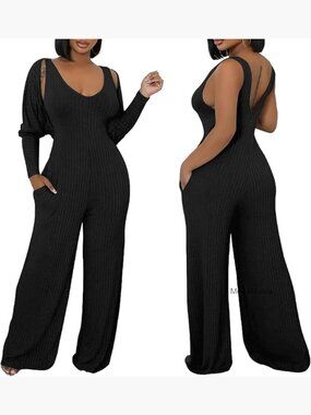 Ribbed Knit 2-Piece Set with Cardigan and Jumpsuit, Wide Leg, S-2XL